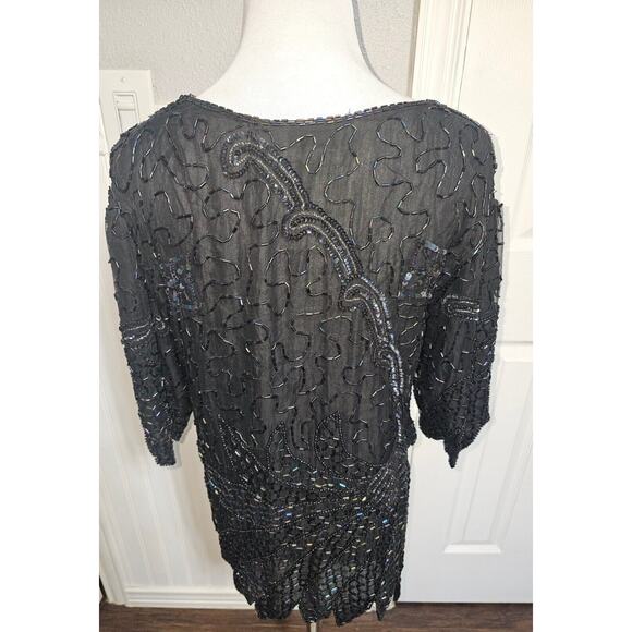 MARK & JOHN BY GOPAL Women Top Size Medium Black w/Beads & Sequins Silk 100% - Picture 7 of 8